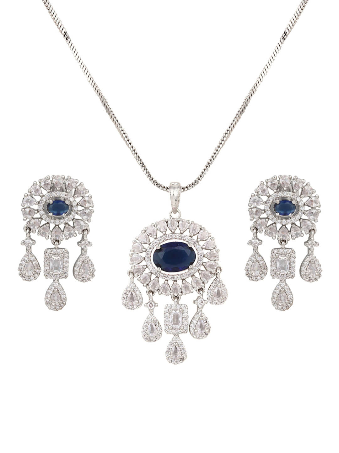 CZ Necklace with Pendant & Drop Earring Set Blue