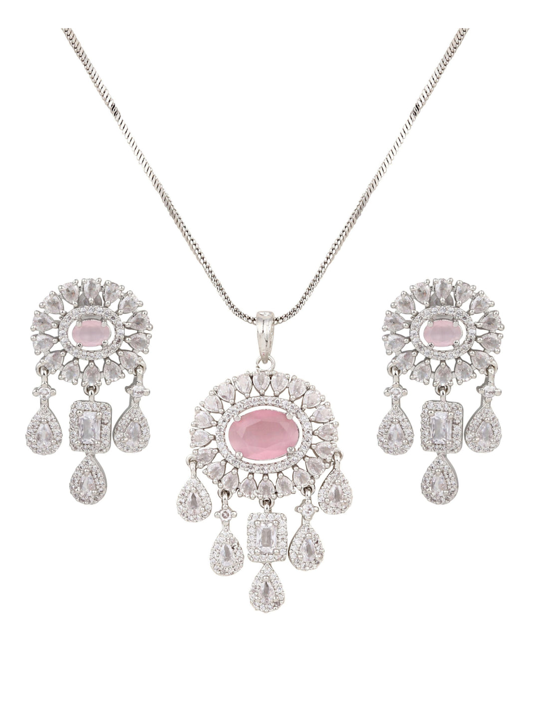 CZ Necklace with Pendant & Drop Earring Set Pink