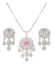 CZ Necklace with Pendant & Drop Earring Set Pink