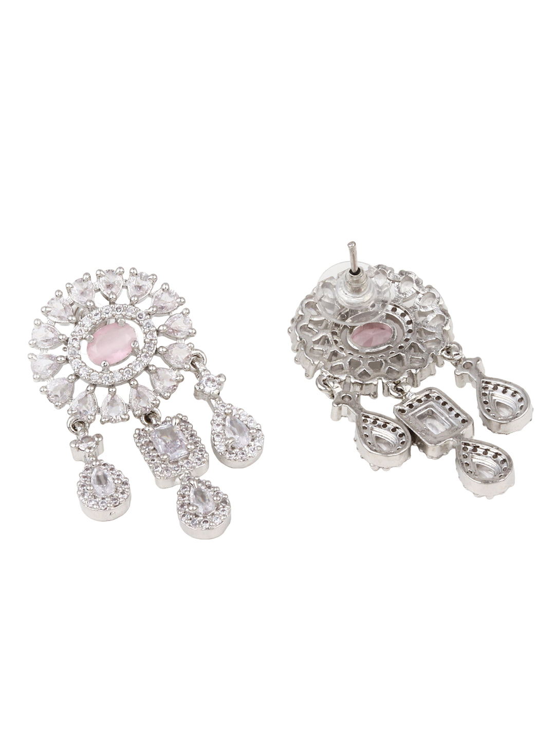 CZ Necklace with Pendant & Drop Earring Set Pink