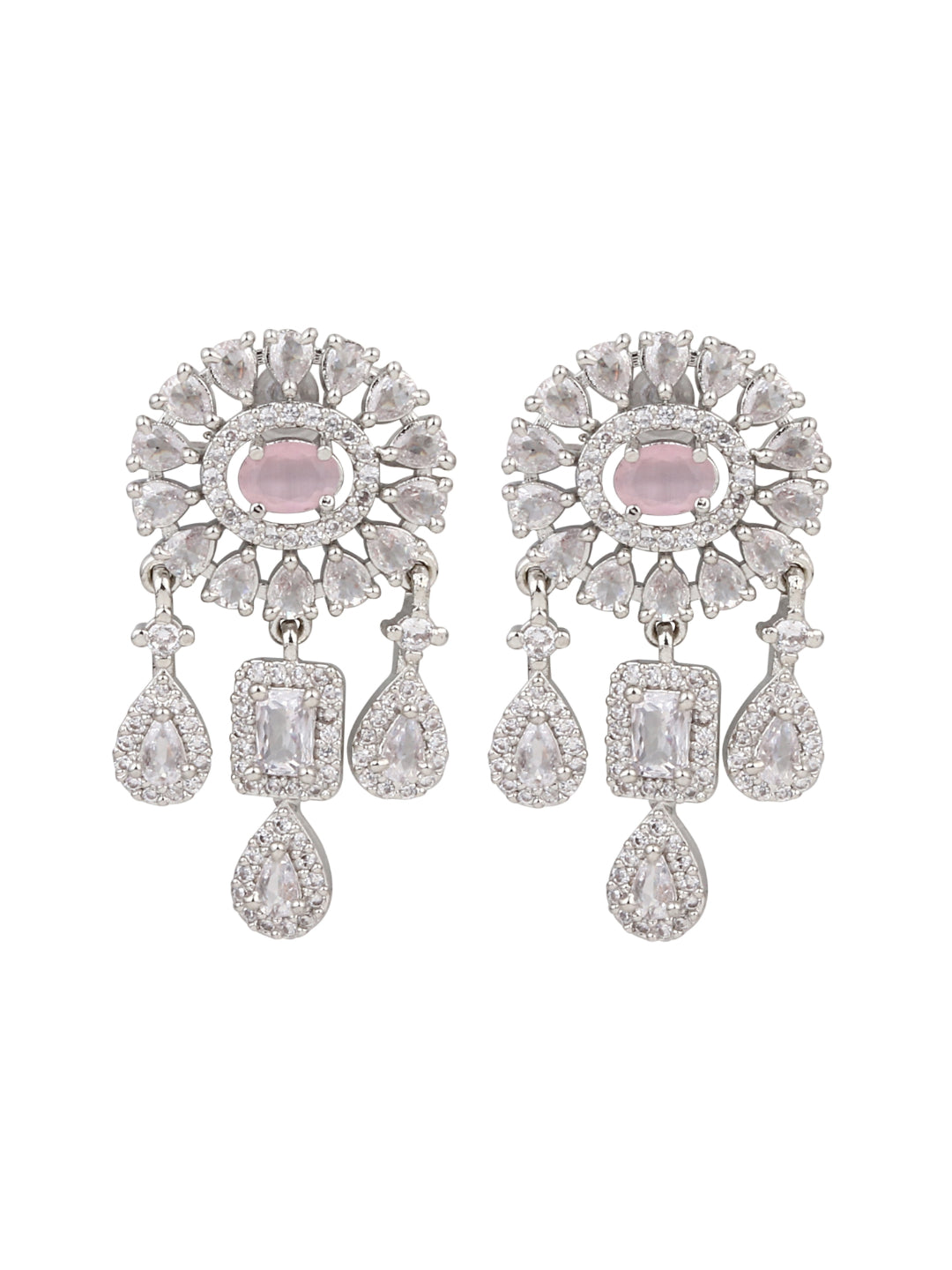 CZ Necklace with Pendant & Drop Earring Set Pink