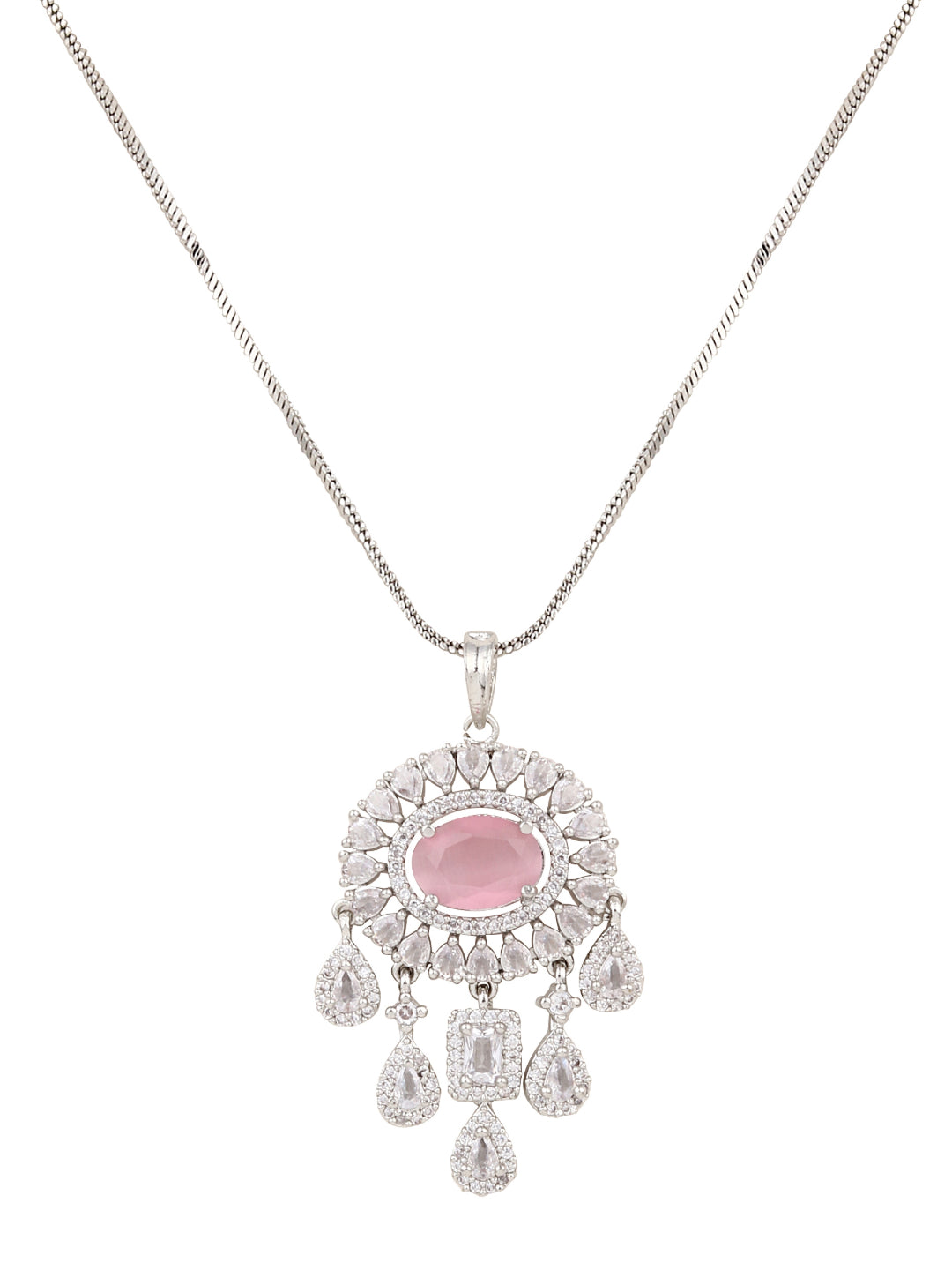 CZ Necklace with Pendant & Drop Earring Set Pink