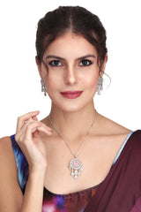 CZ Necklace with Pendant & Drop Earring Set Pink