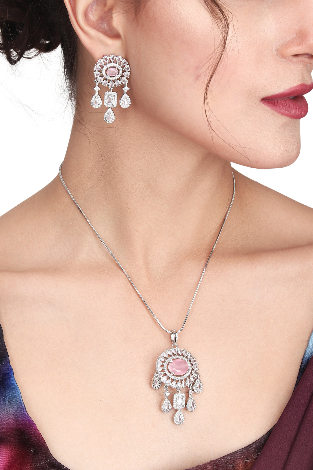 CZ Necklace with Pendant & Drop Earring Set Pink