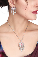 CZ Necklace with Pendant & Drop Earring Set Pink