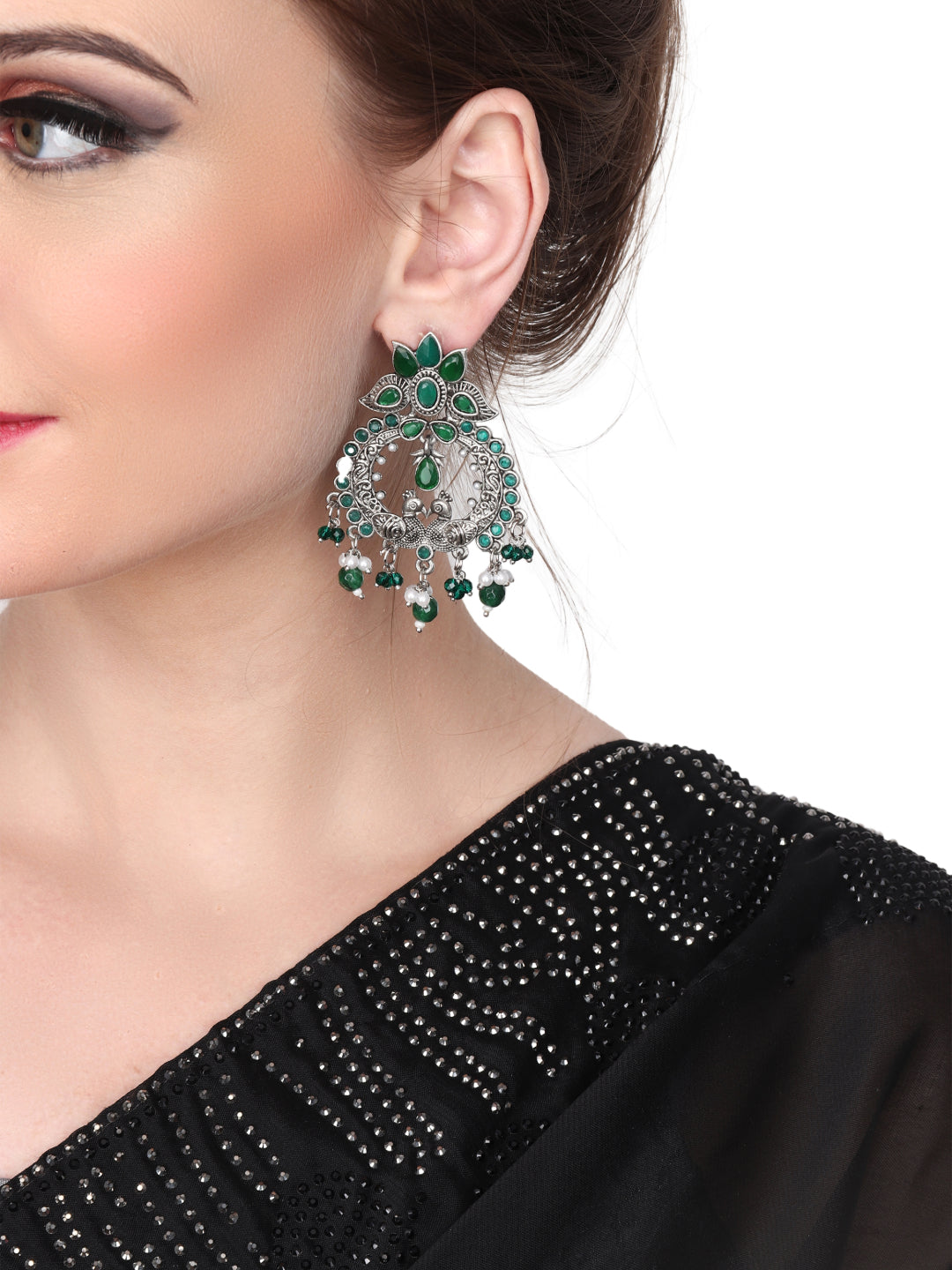 Silver Oxydised Drop earring with green stone