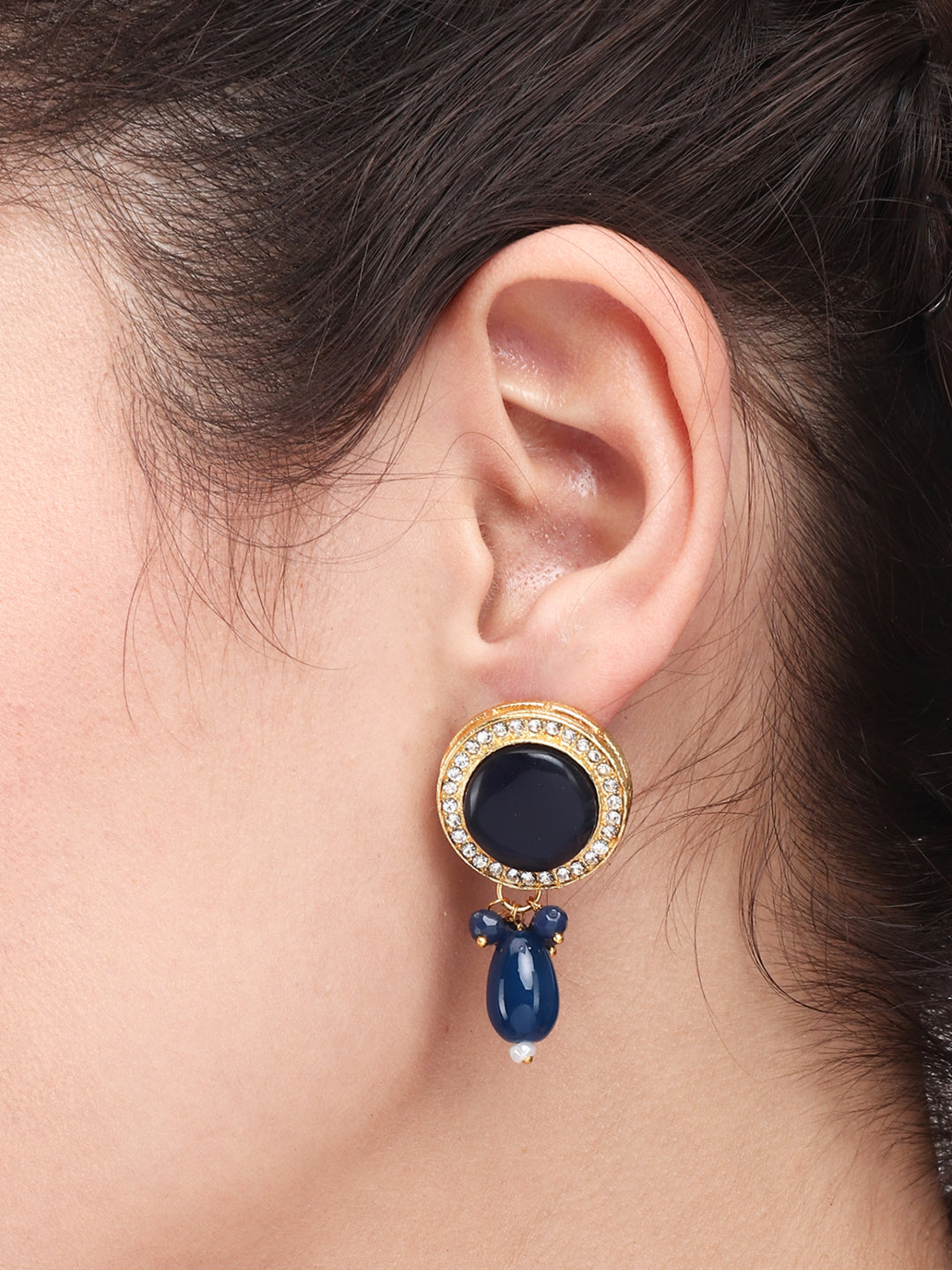 Gold plated Monalisa Stone studs with Glass bead drops blue