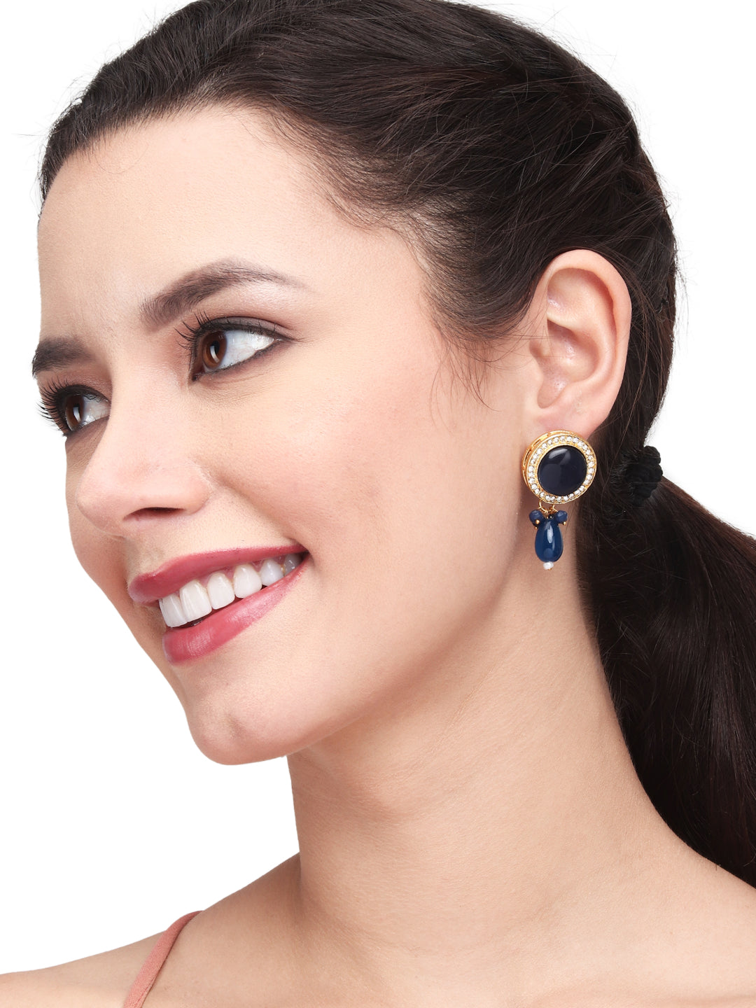 Gold plated Monalisa Stone studs with Glass bead drops blue