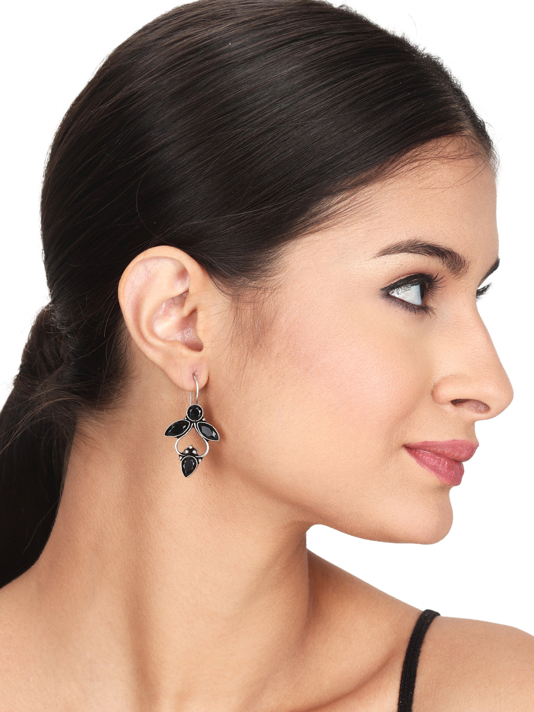 Silver Oxydised finish Drop Earring with glass stone