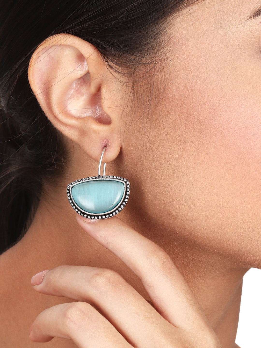 Silver Oxidized Drop Earrings with Blue Monalisa Stone