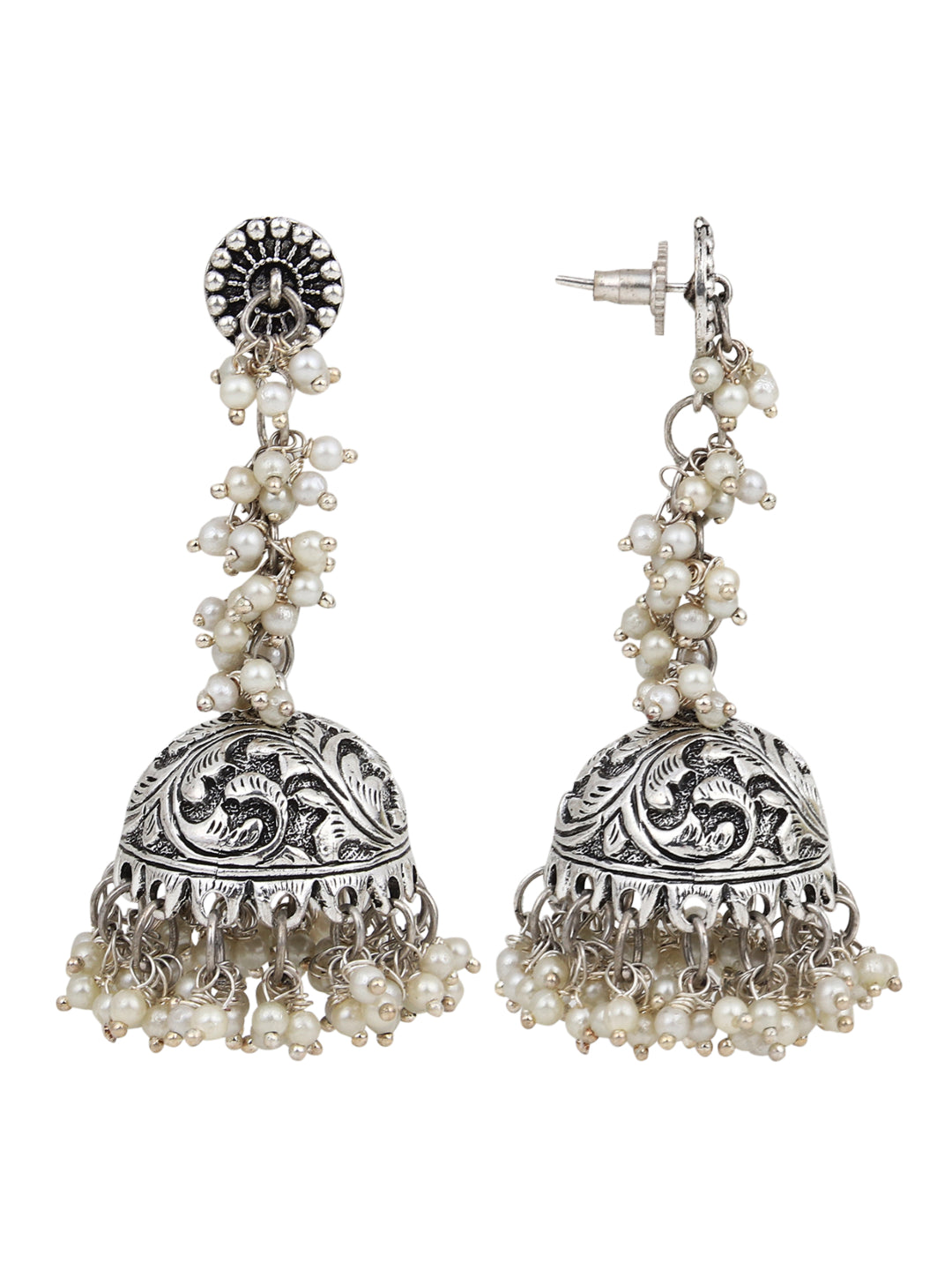 Silver Oxydised finish long Jhumka with beads string