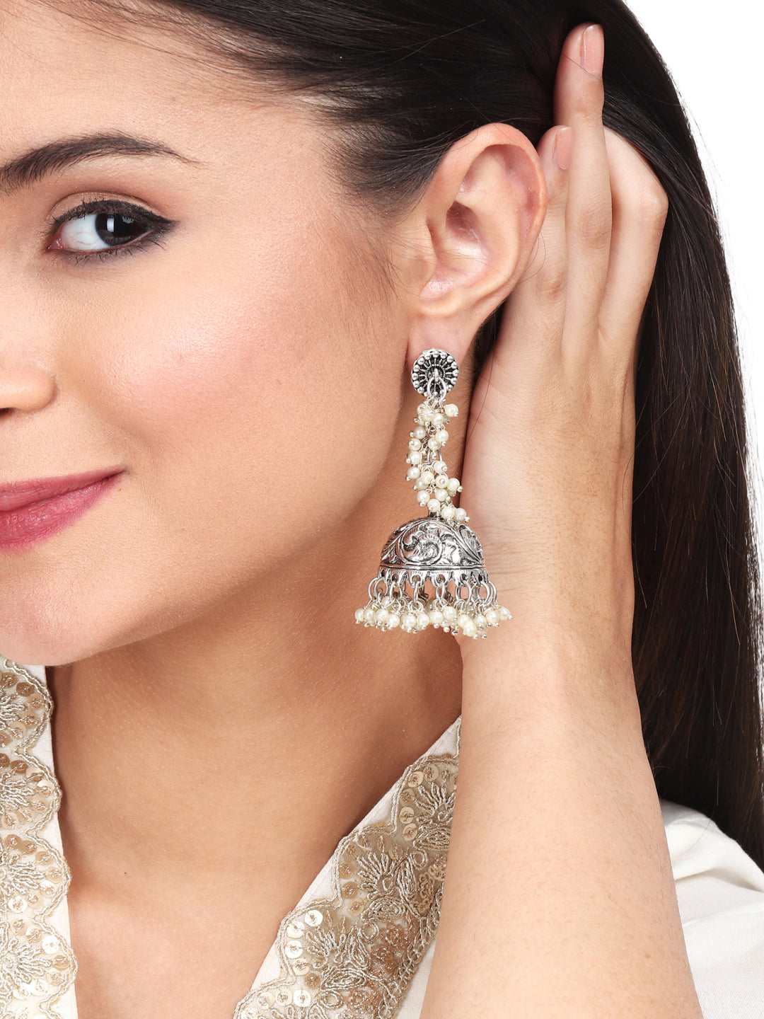 Silver Oxydised finish long Jhumka with beads string
