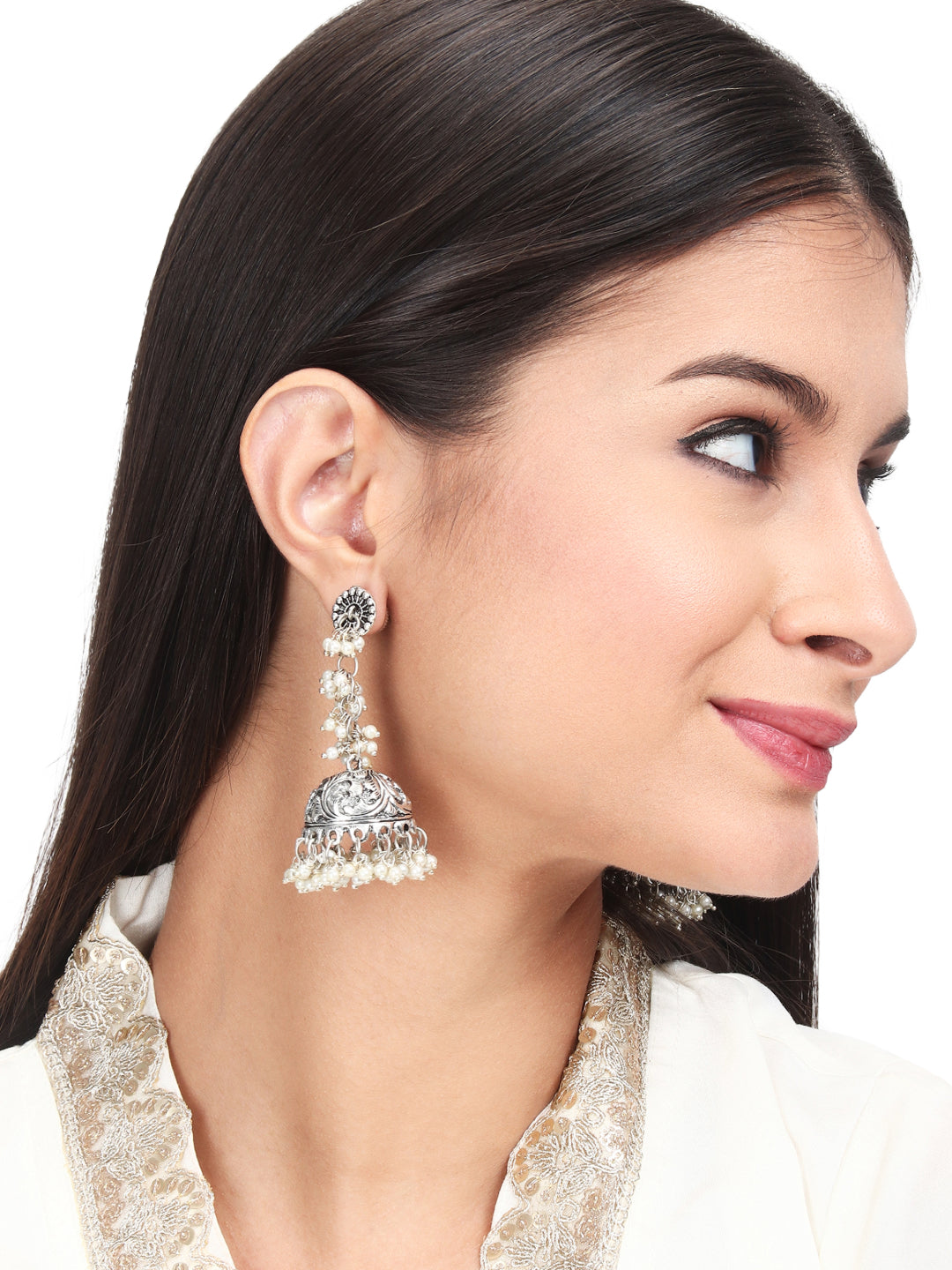 Silver Oxydised finish long Jhumka with beads string