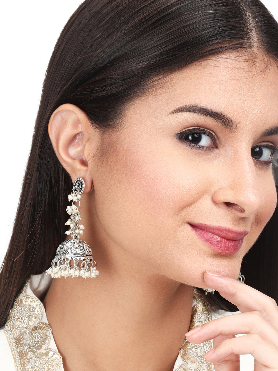Silver Oxydised finish long Jhumka with beads string