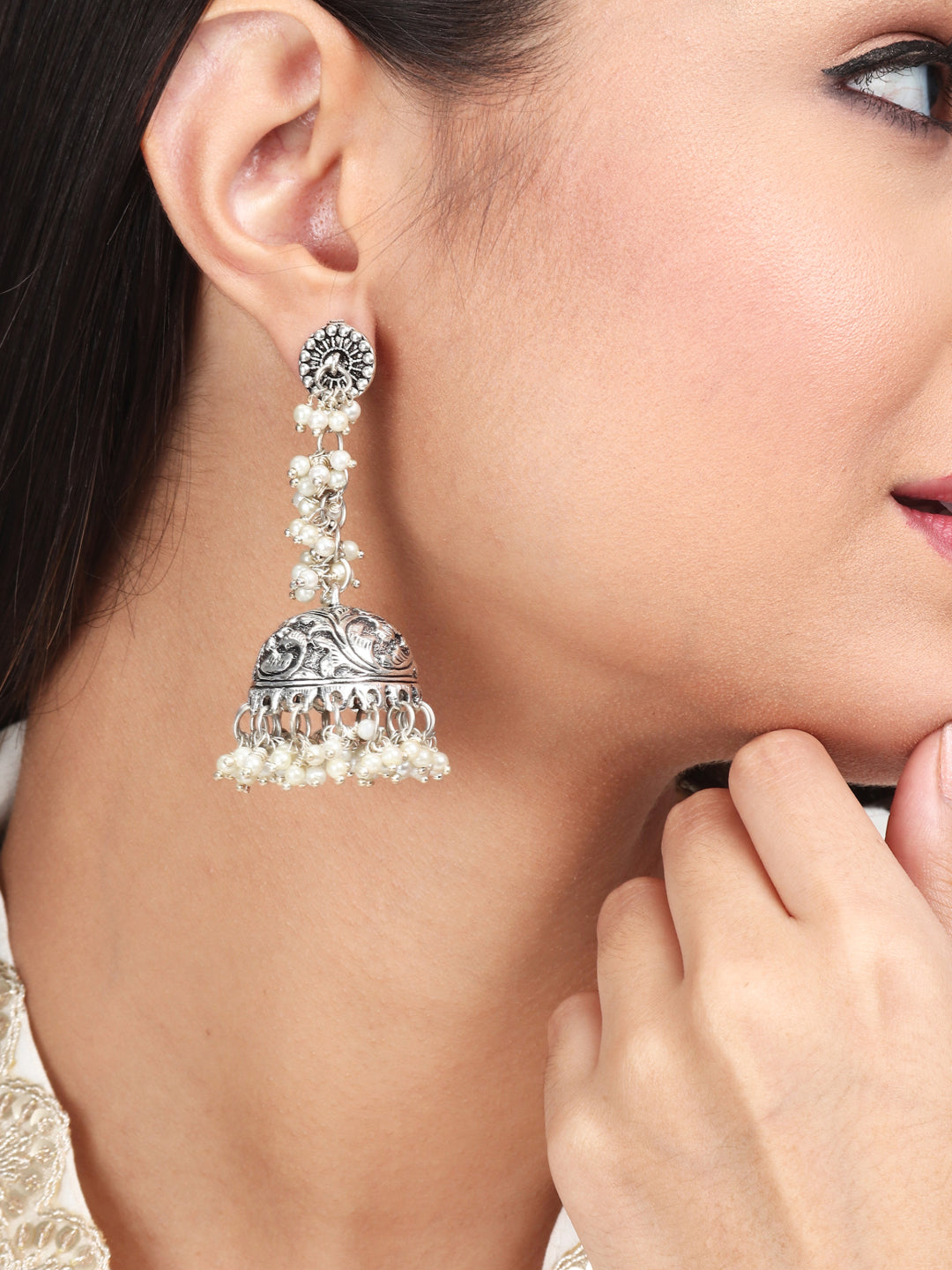 Silver Oxydised finish long Jhumka with beads string