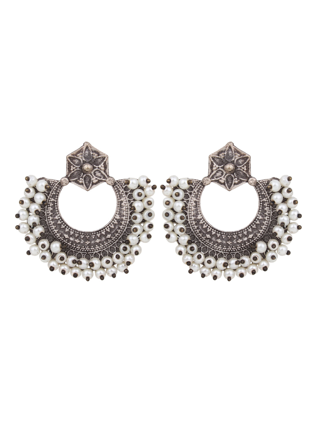 Silver Oxydised finish Chandbali with beaded Edge