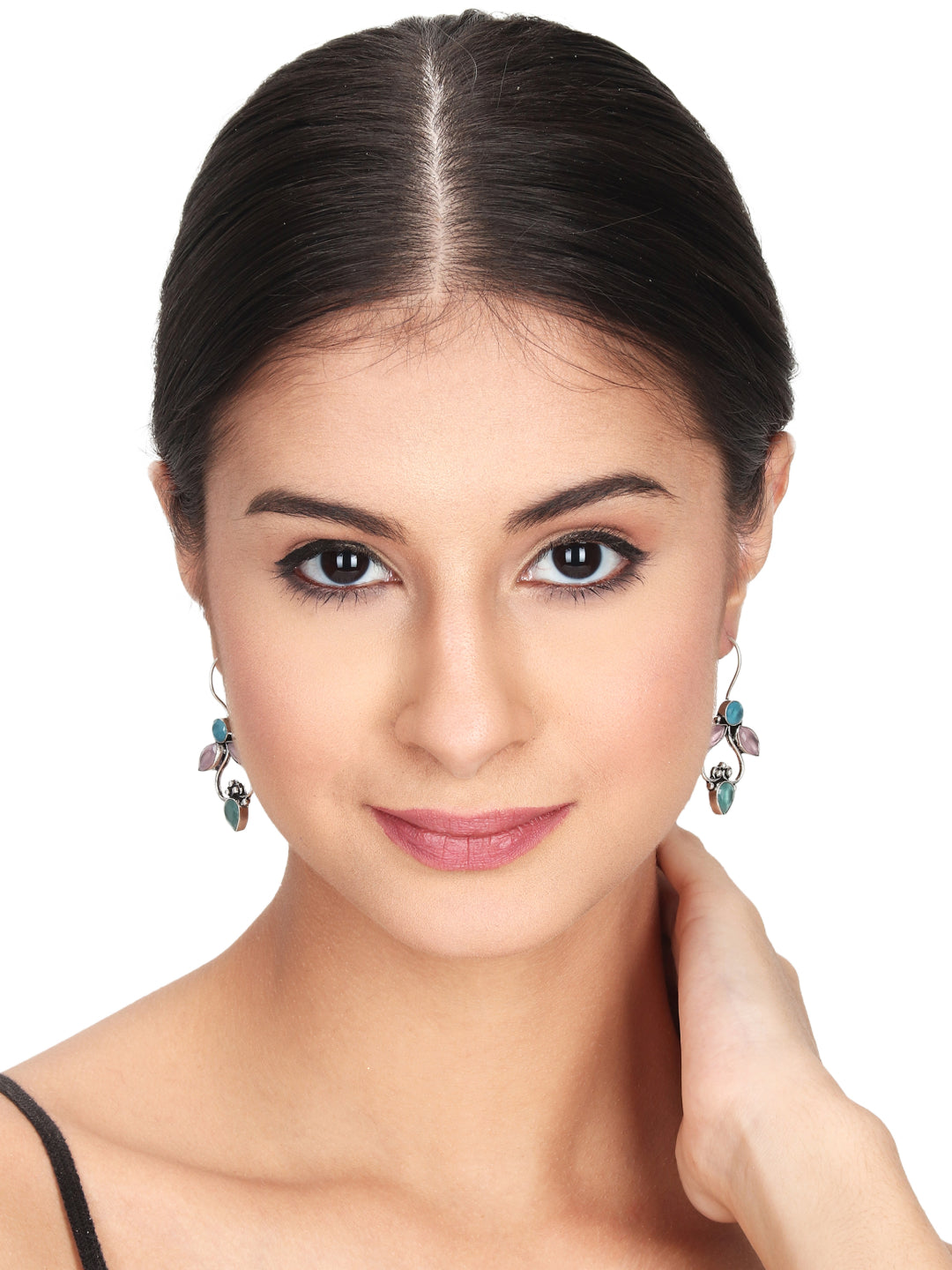 Silver Oxydised finish Drop Earring with Multi AD Stone