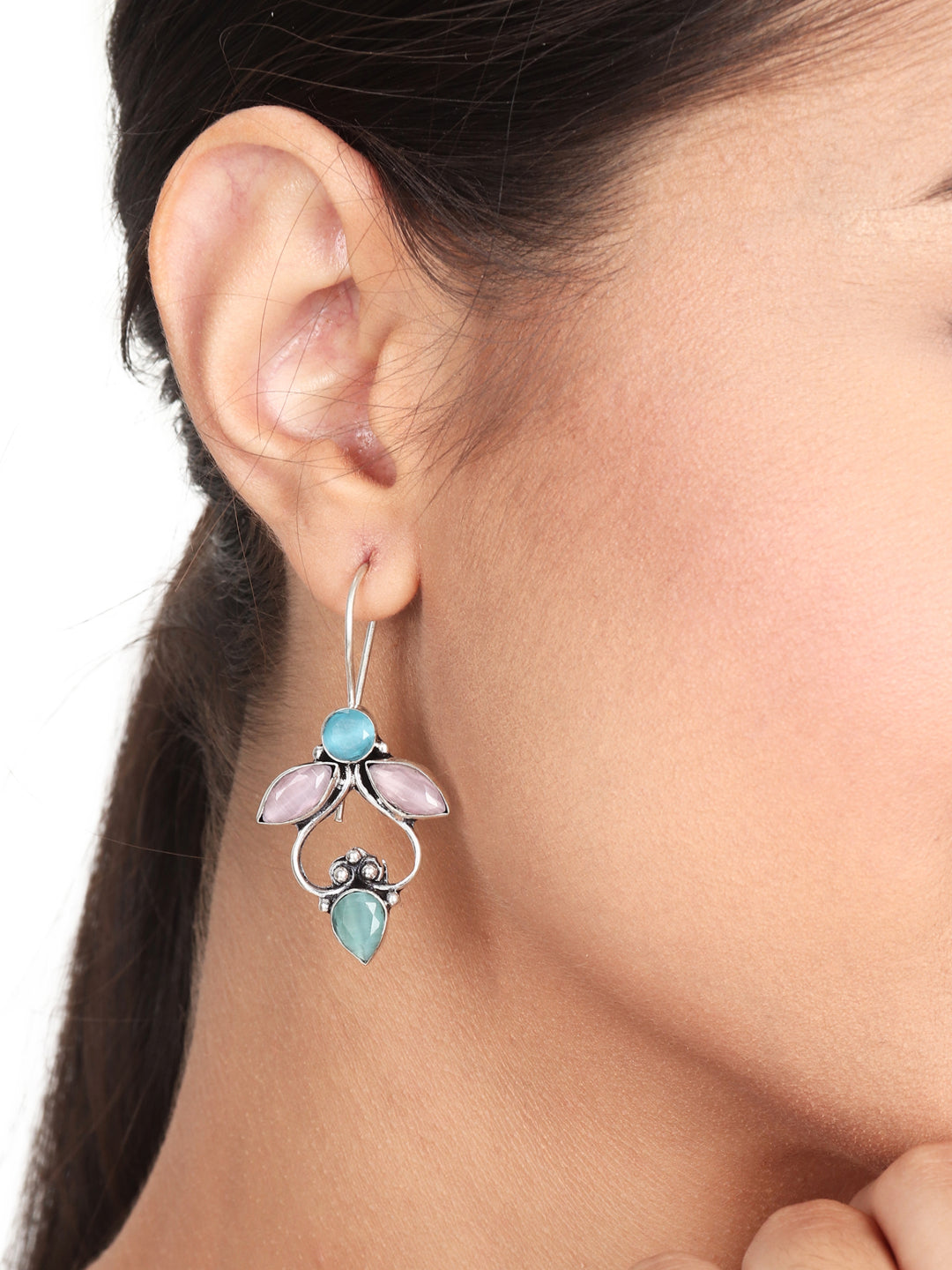 Silver Oxydised finish Drop Earring with Multi AD Stone
