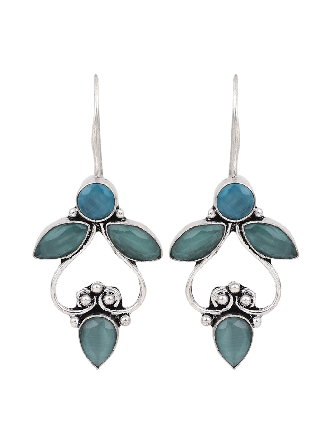 Silver Oxidised finish Drop Earring with Mint AD stone