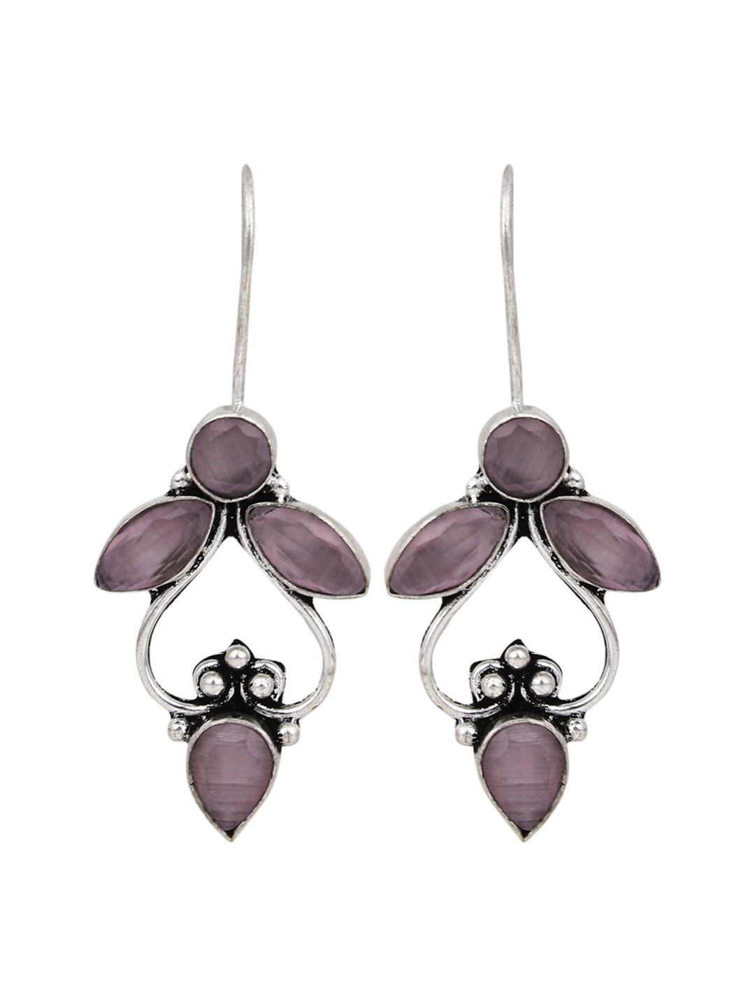 Silver Oxydised finish Drop Earring with Pink AD Stone