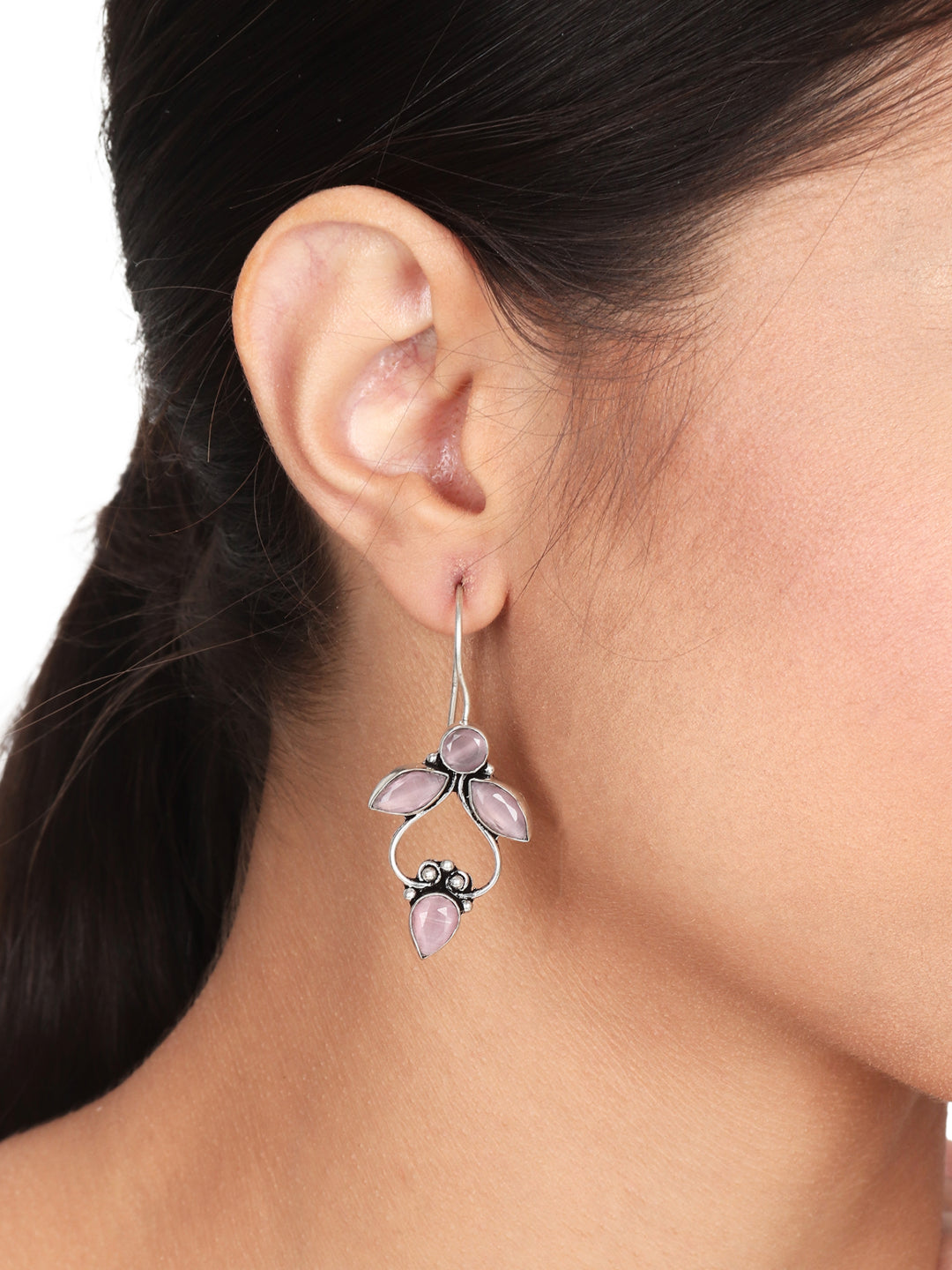 Silver Oxydised finish Drop Earring with Pink AD Stone