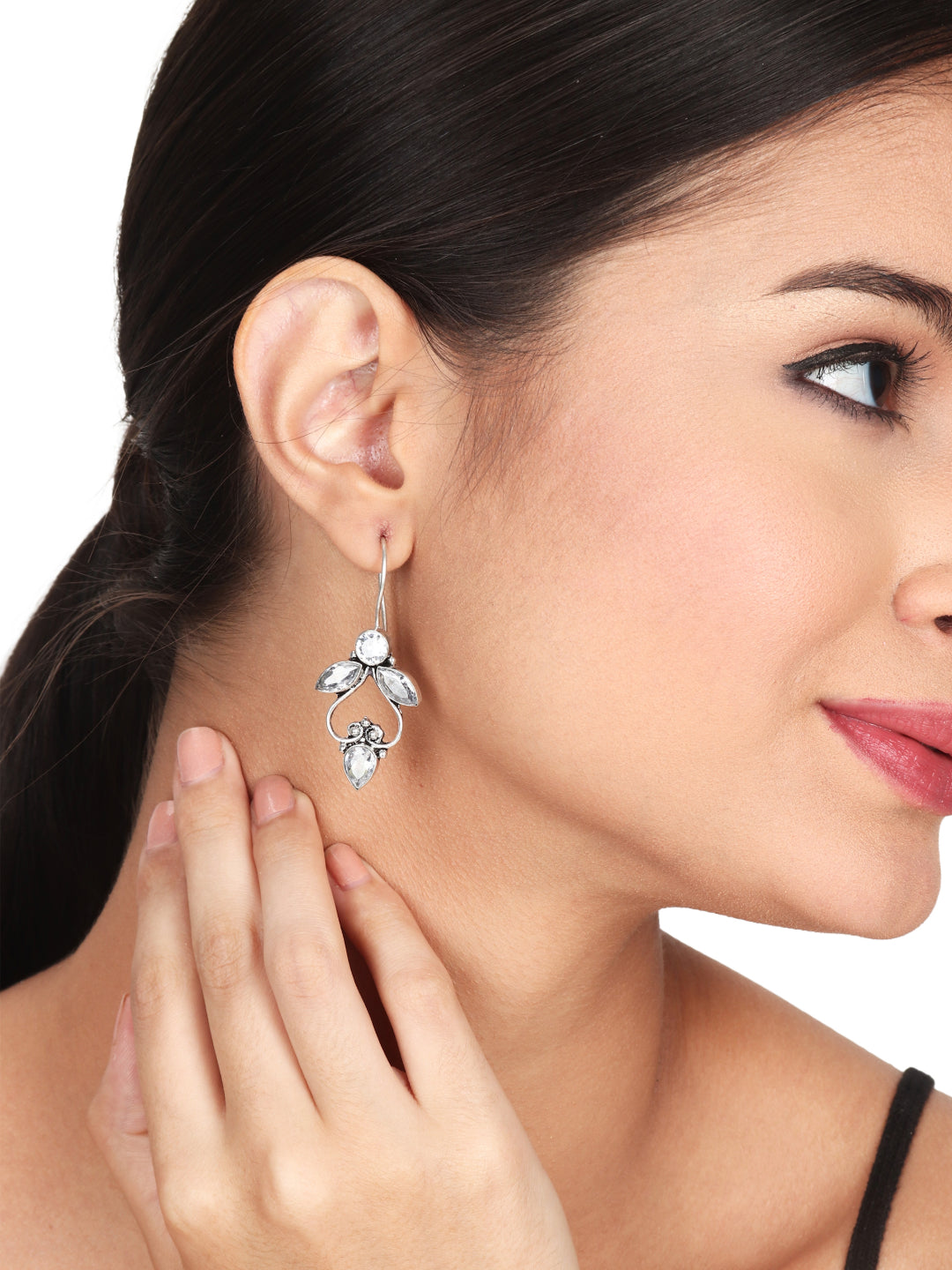 Silver Oxydised finish Drop Earring with White AD Stone