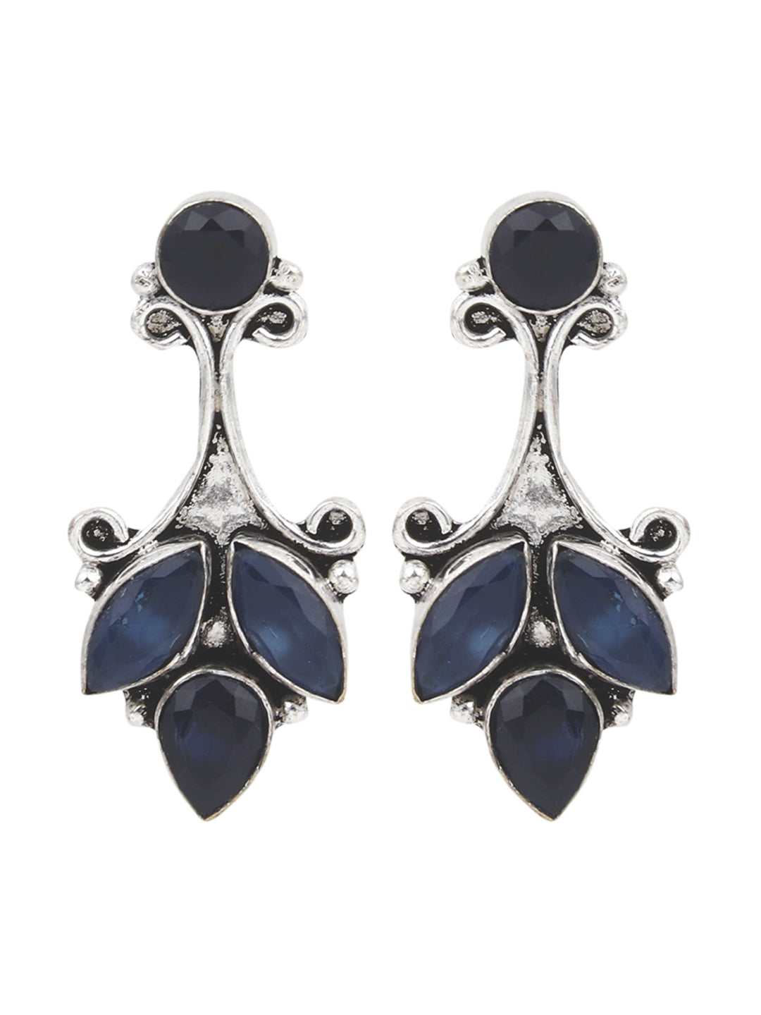Silver Oxidised finish drop Earring with AD stone Blue