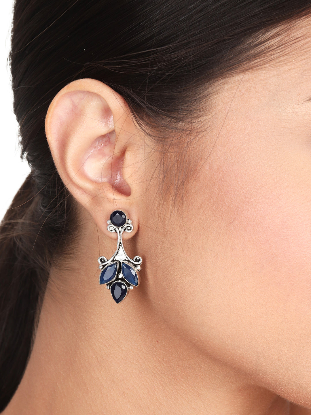 Silver Oxidised finish drop Earring with AD stone Blue