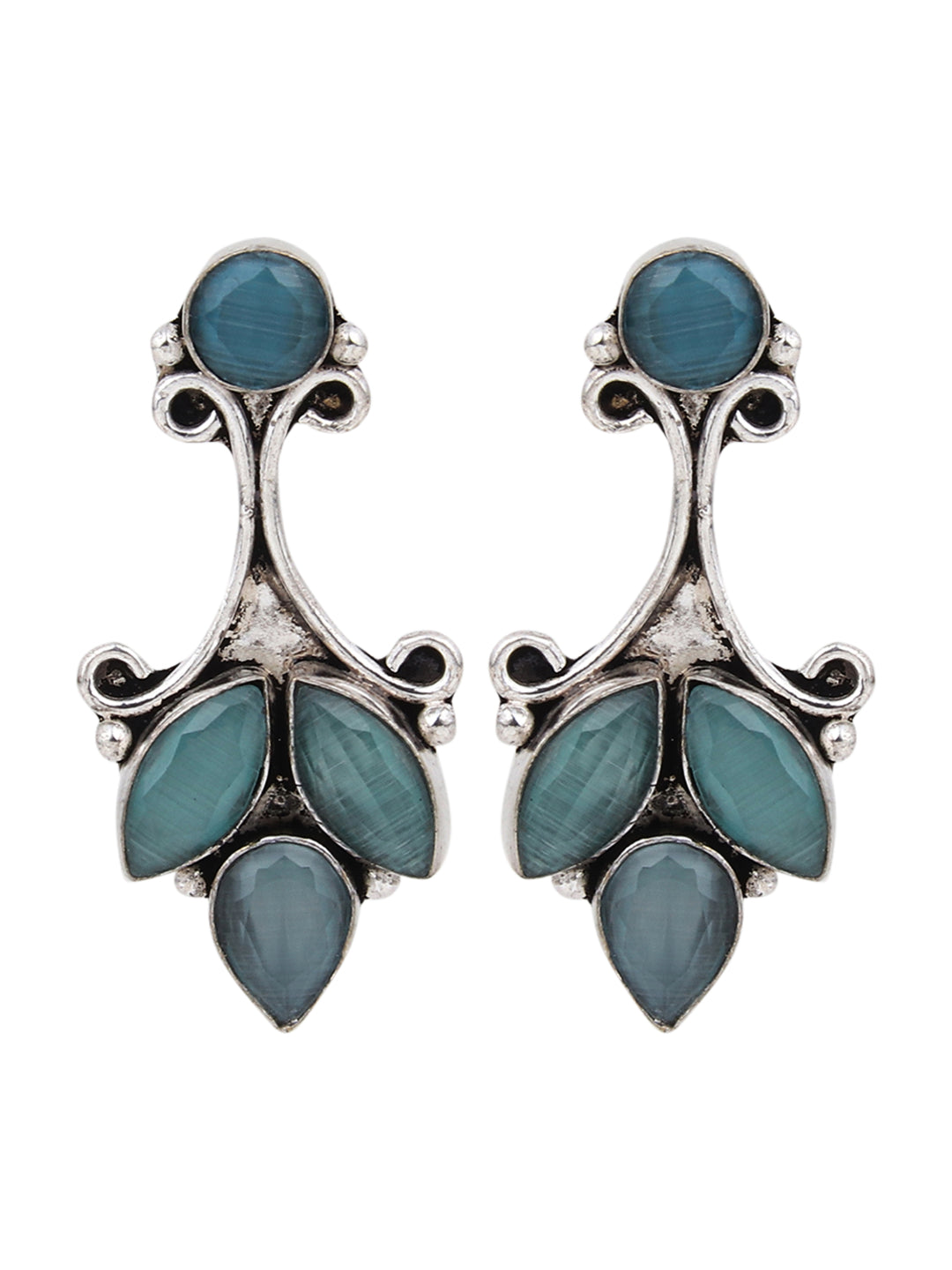 Silver Oxydised finish drop Earring with Mint AD stone
