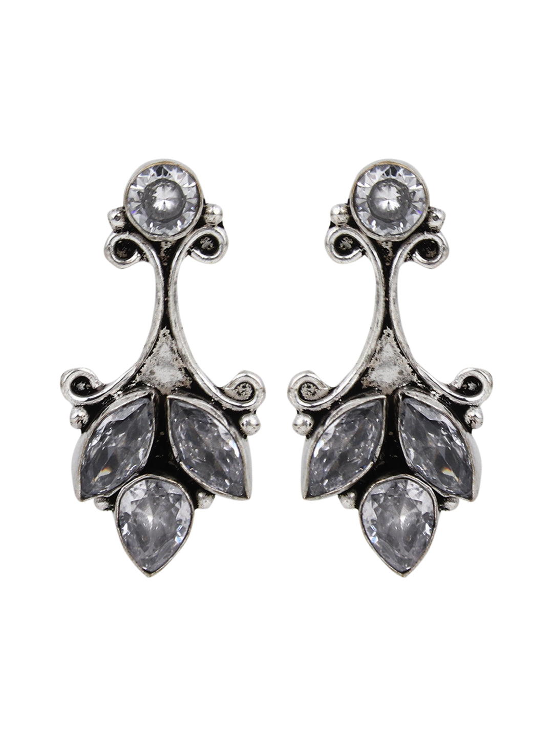 Silver Oxidised finish drop Earring with AD stone White