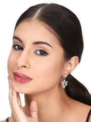 Silver Oxidised finish drop Earring with AD stone White