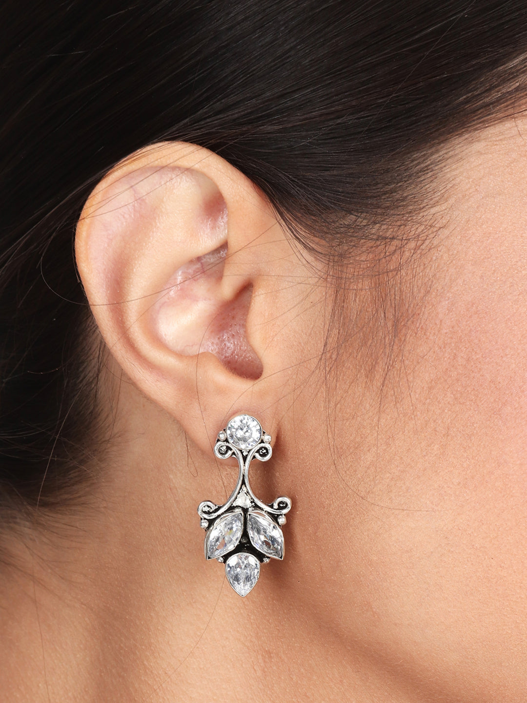 Silver Oxidised finish drop Earring with AD stone White