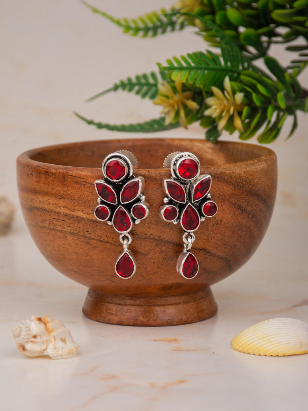 Silver Oxydised finish Studs with Red AD stones