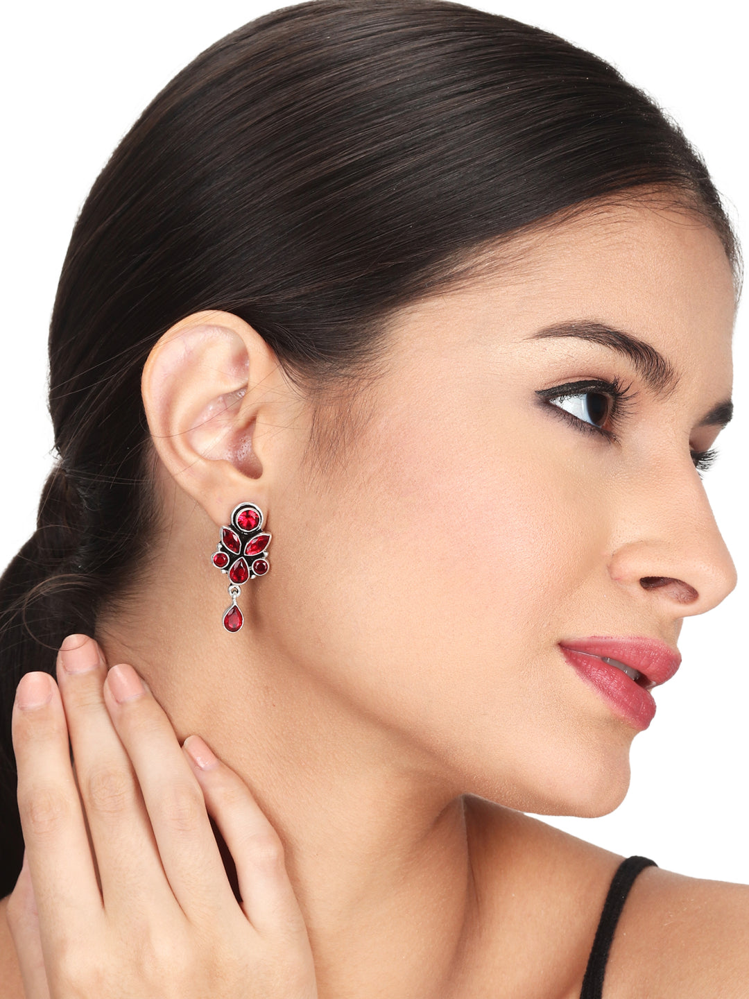Silver Oxydised finish Studs with Red AD stones