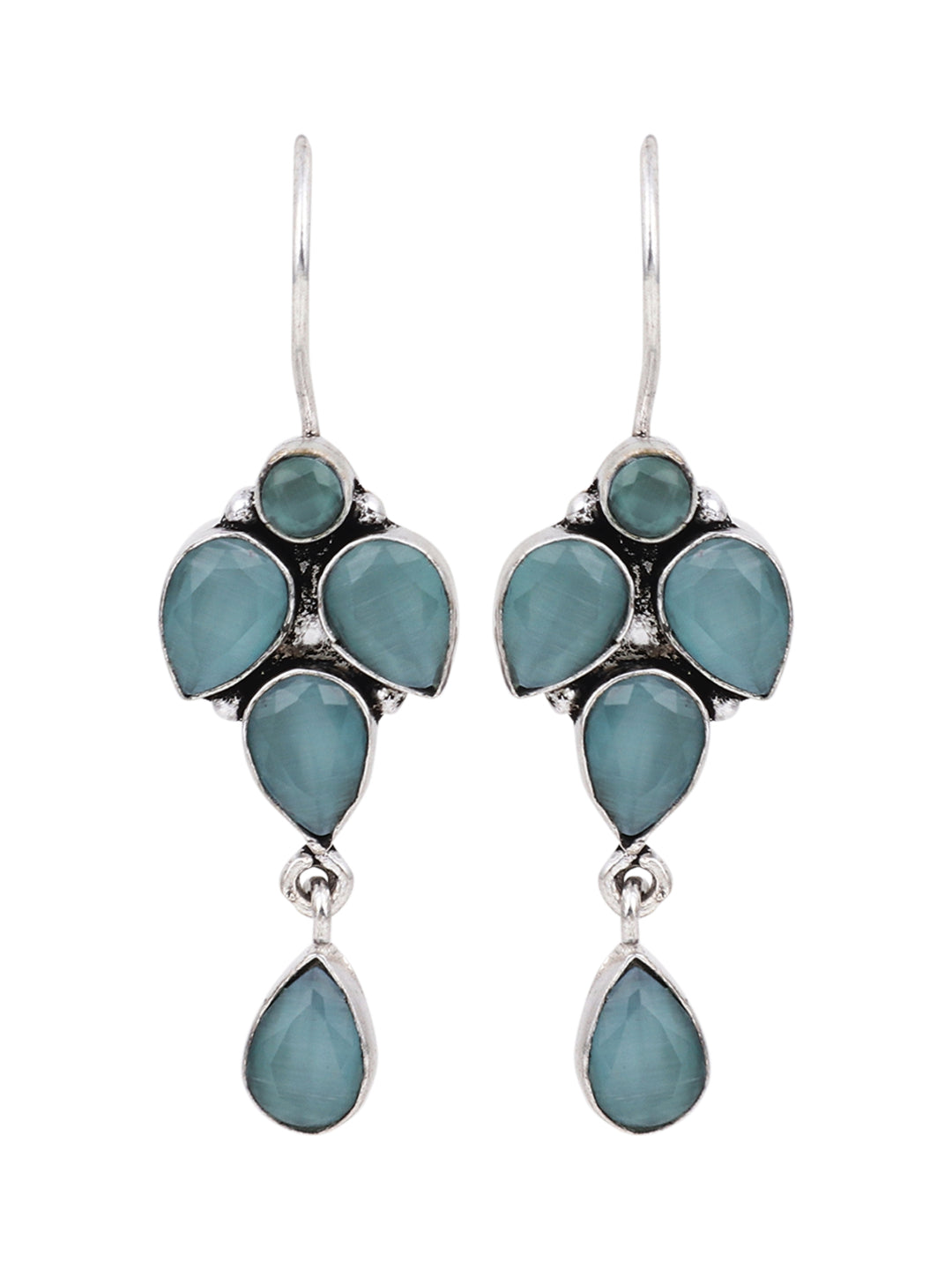 Silver Oxydised finish drop Earring with Mint AD stone