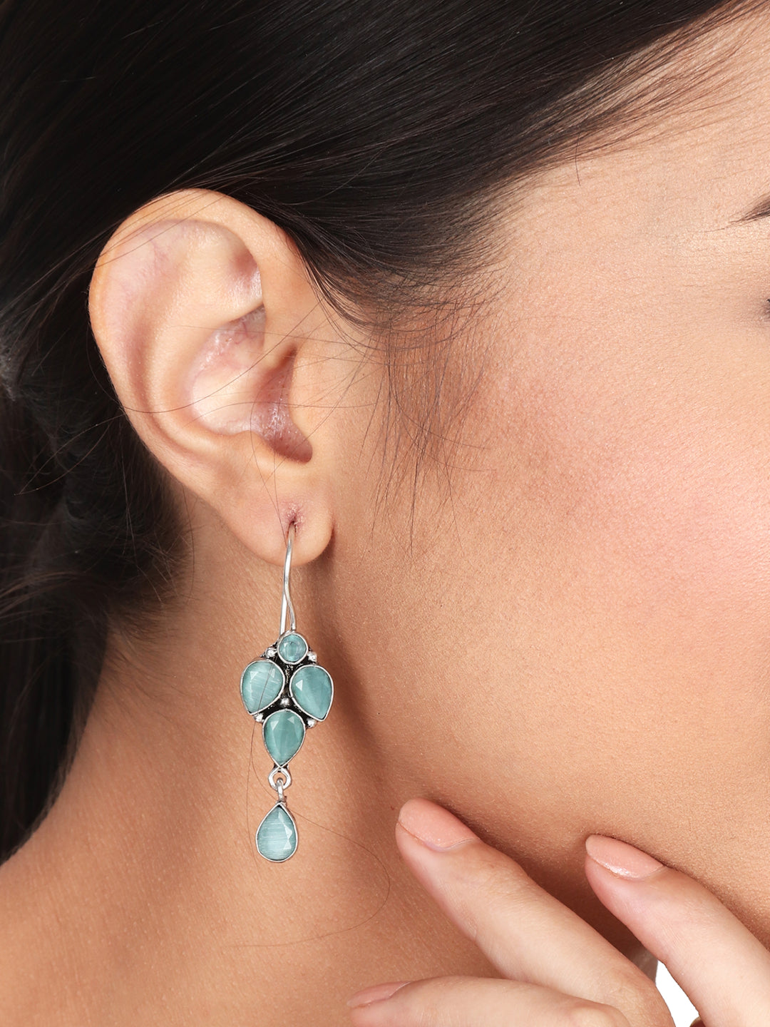 Silver Oxydised finish drop Earring with Mint AD stone