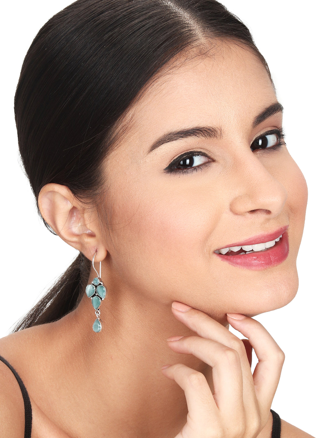 Silver Oxydised finish drop Earring with Mint AD stone