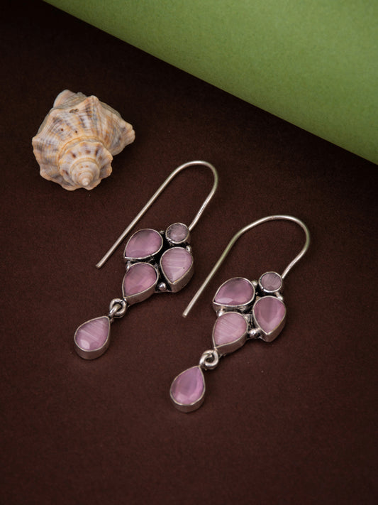 Silver Oxydised finish drop Earring with Pink  AD stone