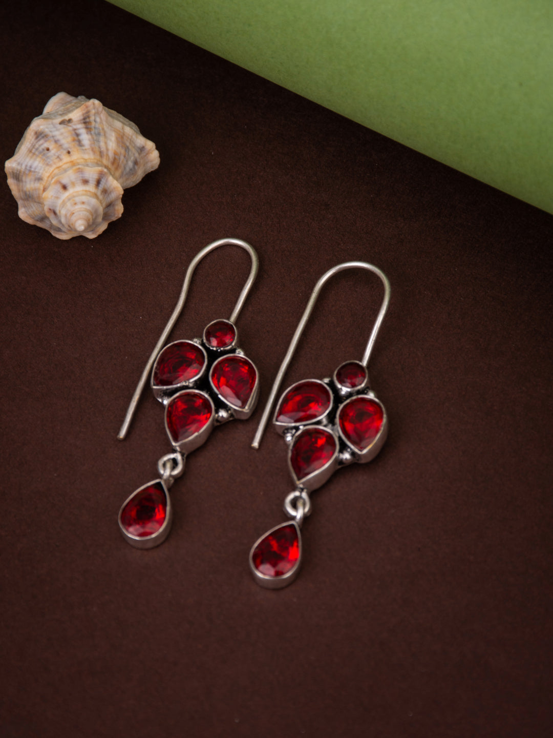Silver Oxidised finish drop Earring with Red AD stone