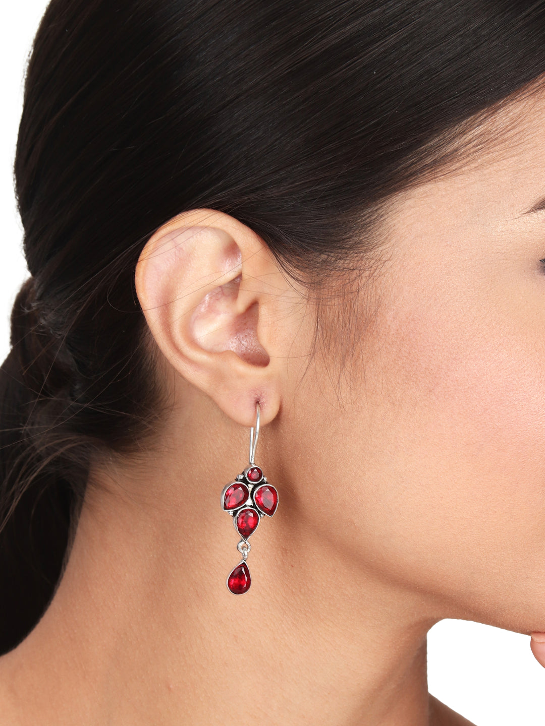 Silver Oxidised finish drop Earring with Red AD stone