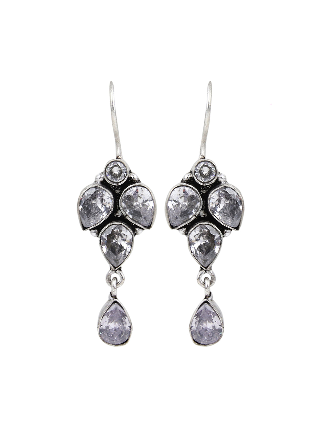 Silver Oxidised finish drop Earring with White AD stone