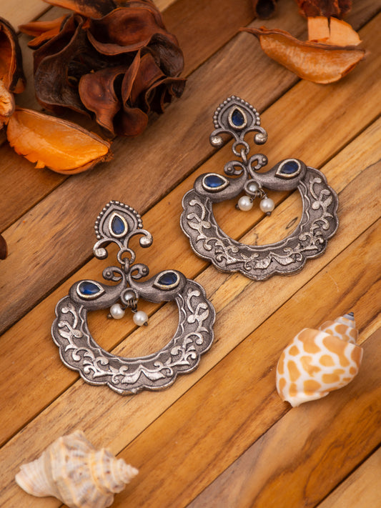 Silver Oxidized Carved Chandbali Earrings