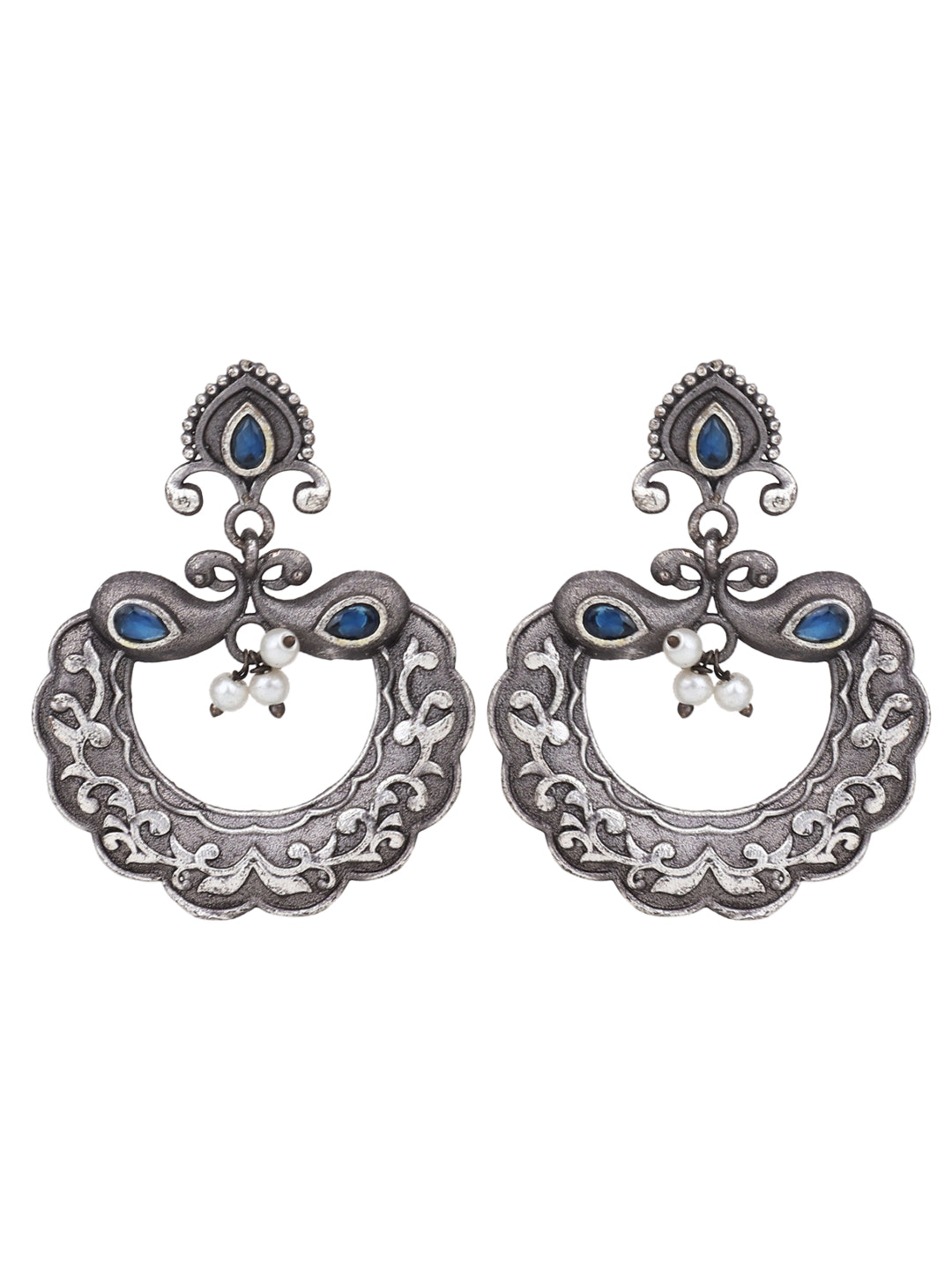 Silver Oxidized Carved Chandbali Earrings