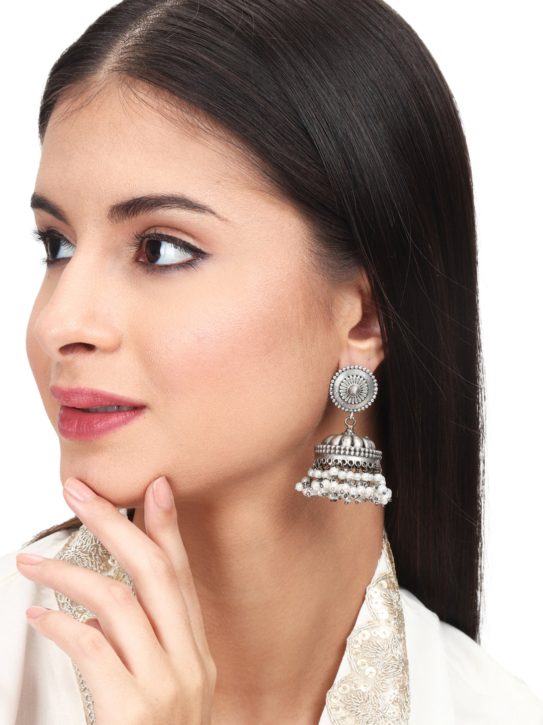 Self Engraved Jhumka with pearl drops