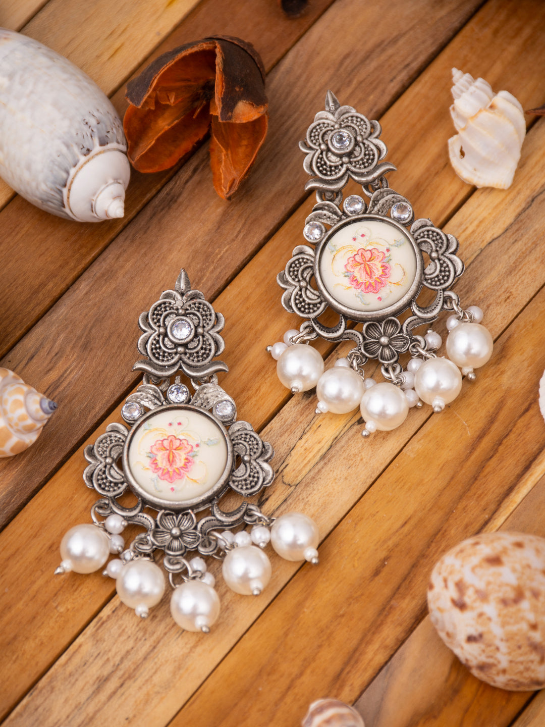 Silver plated Drop Earring with flower painting