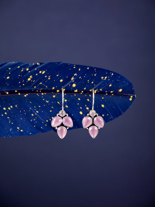 Silver Oxidised finish Light Pink stone work drop earring