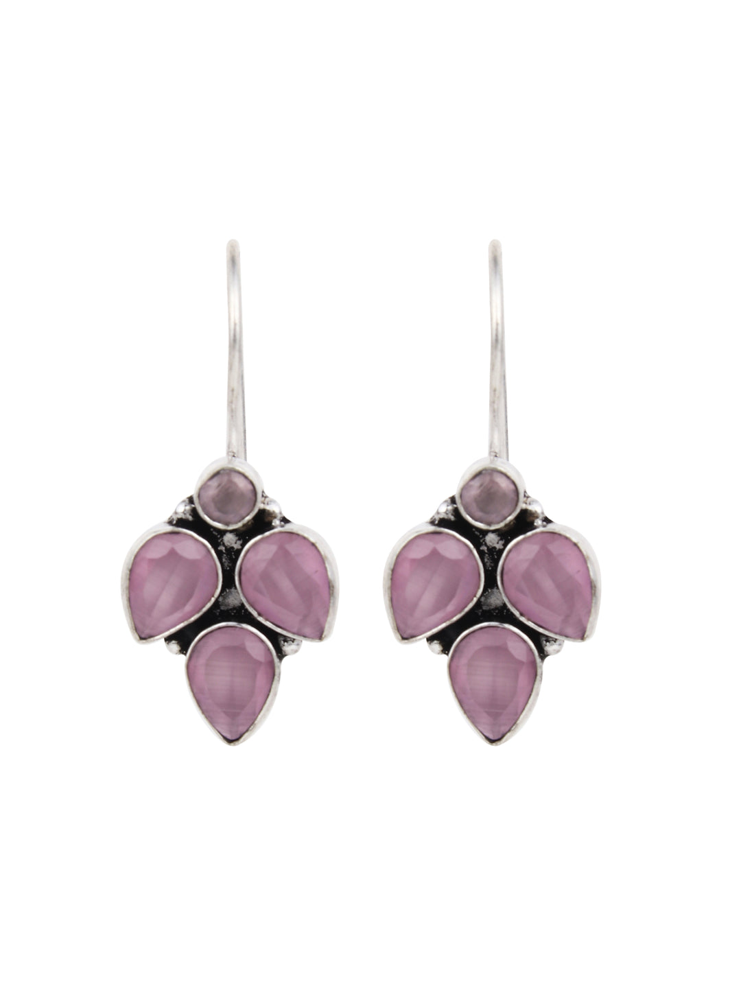 Silver Oxidised finish Light Pink stone work drop earring