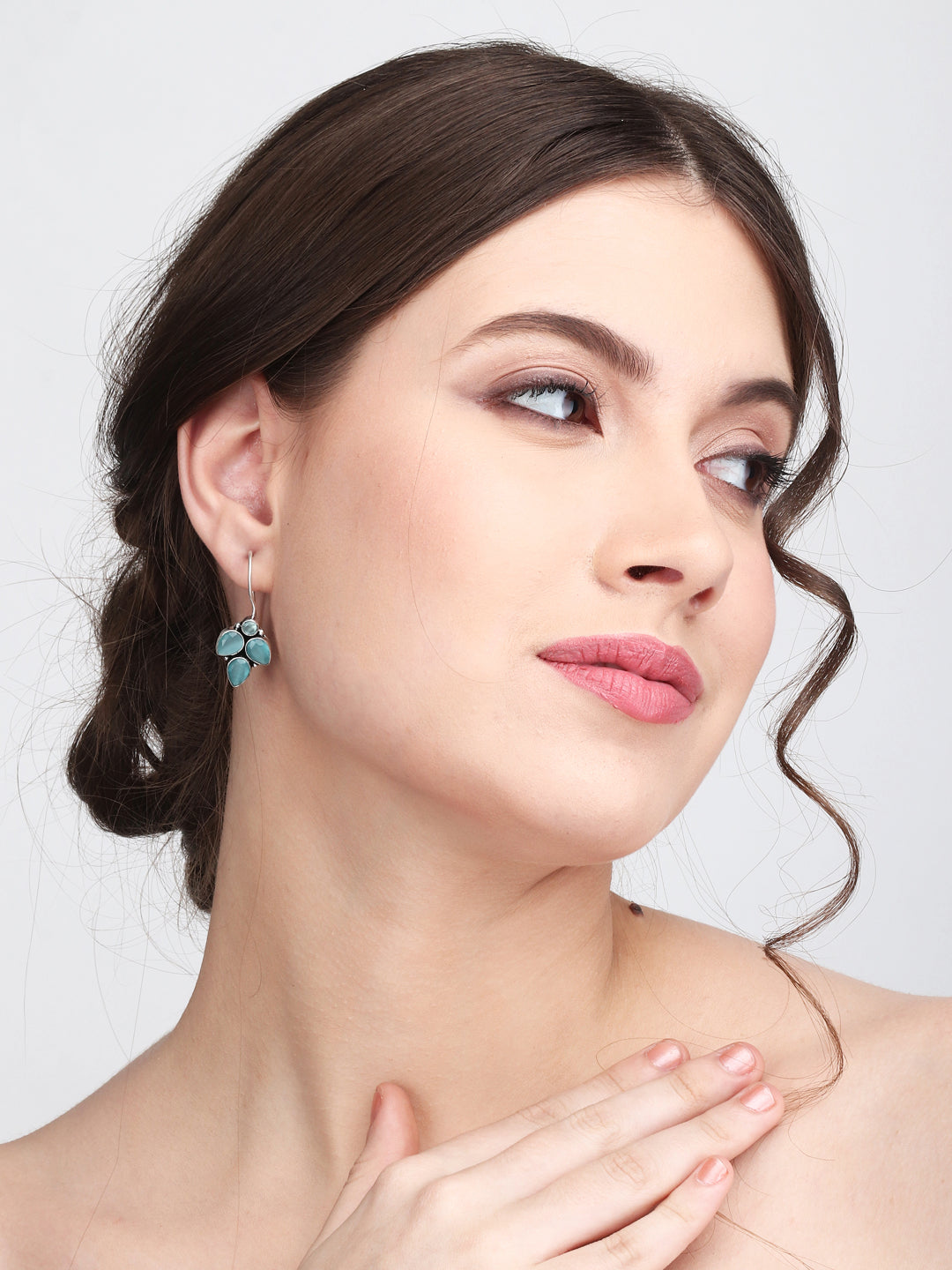 Silver Oxidised finish Mint stone work drop earring