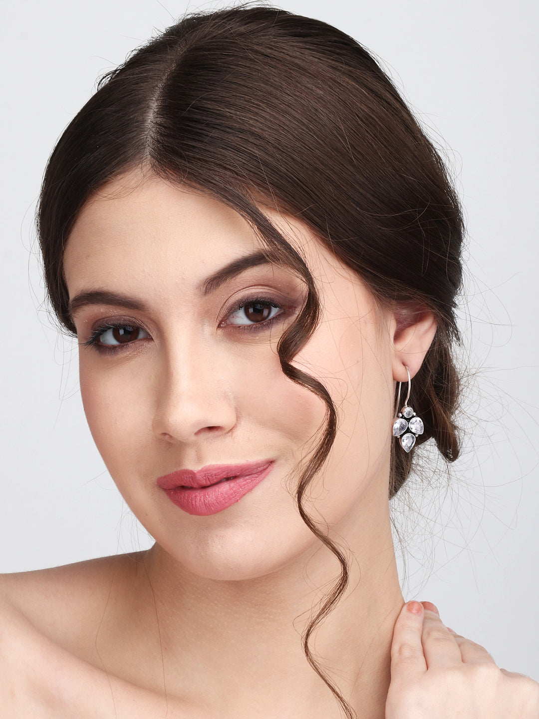 Silver Oxidised finish White stone work drop earring