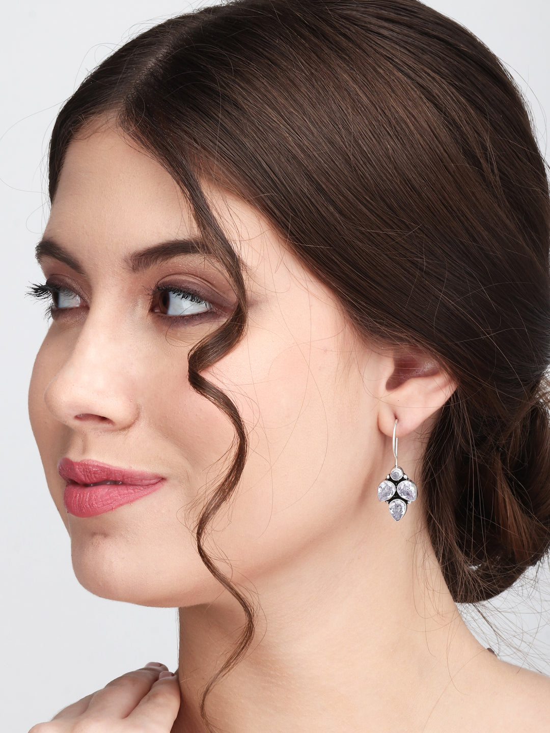 Silver Oxidised finish White stone work drop earring